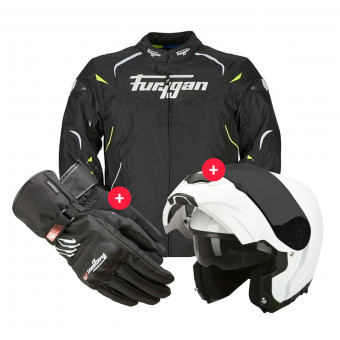 Motorcycle Jackets Furygan Narval Black White Yellow + EXO 3000 Air White + Keen Black White
