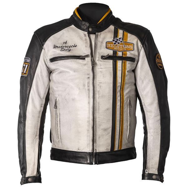 Motorcycle jacket Helstons Indy Leather Rag Black White Yellow at the ...