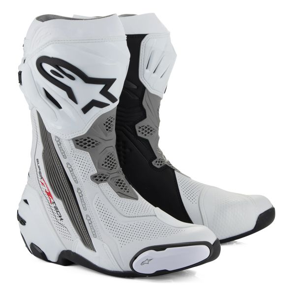 Motorcycle Boots Alpinestars Supertech R Vented White Mid Gray Black Motorcycle Boots Alpinestars Supertech R Vented White Mid Gray Black