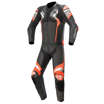 Leather Motorcycle Suits Alpinestars Atem V4 Suit 2 PC Black Mid Gray Red Fluo