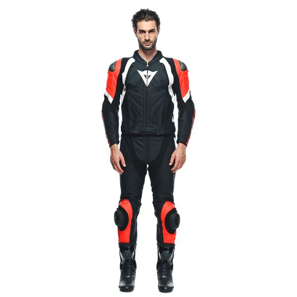 Leather Motorcycle Suits Dainese Avro 4 2 PC Black Matt Fluo Red White Leather Motorcycle Suits Dainese Avro 4 2 PC Black Matt Fluo Red White