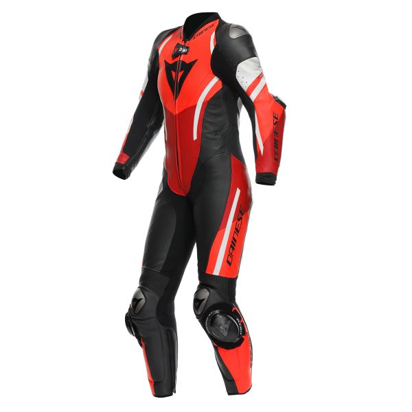 Leather Motorcycle Suits Dainese Misano 3 Perf. D-Air 1PC Woman Black Red Fluo Red