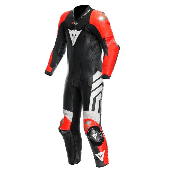 Leather Motorcycle Suits Dainese Mugello 3 Perf. D-Air 1PC Black Fluo Red White