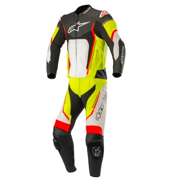 Leather Motorcycle Suits Alpinestars Motegi V2 2PC Black White Yellow Fluo Red
