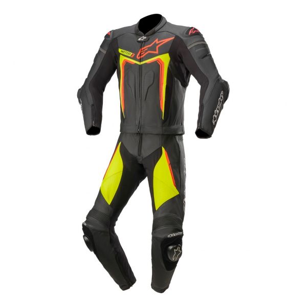 Leather Motorcycle Suits Alpinestars Motegi V3 2PC Black Yellow Fluo Red Fluo