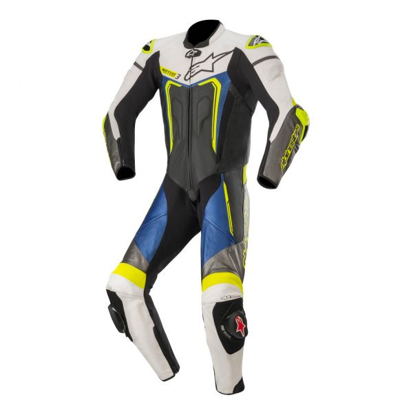 Leather Motorcycle Suits Alpinestars Motegi V3 Black White Metallic Gray Blue
