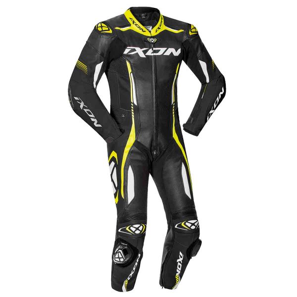 Leather Motorcycle Suits Ixon Vortex 2 Black White Brigh Yellow