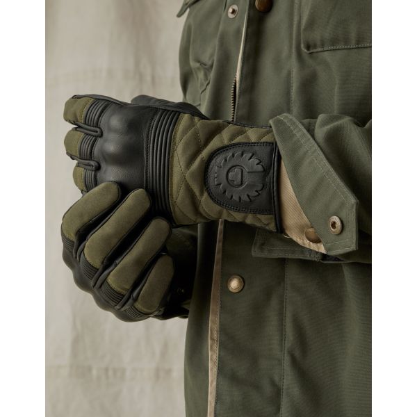Motorcycle Gloves Belstaff Hampstead Leather Cotton Black Forest Green