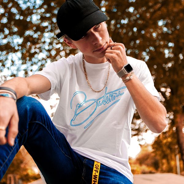 Motorcycle T-Shirts 100% Bitume Art Letter White Neon Blue Tee